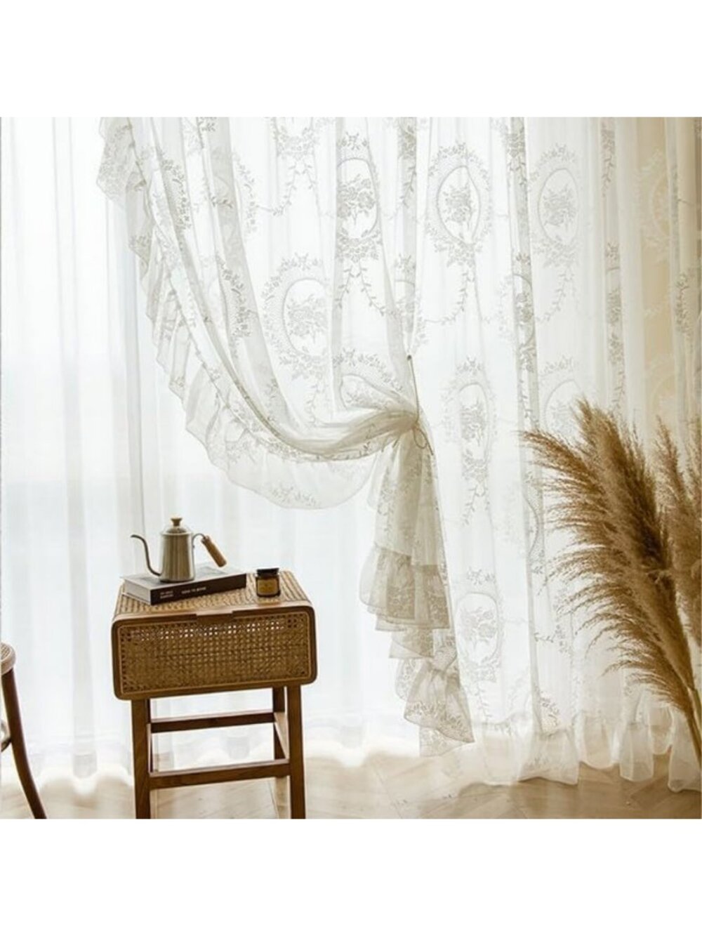 Set of 2 Sheer Lace Curtains with Floral Embroidery & Ruffle for Bedroom Decor